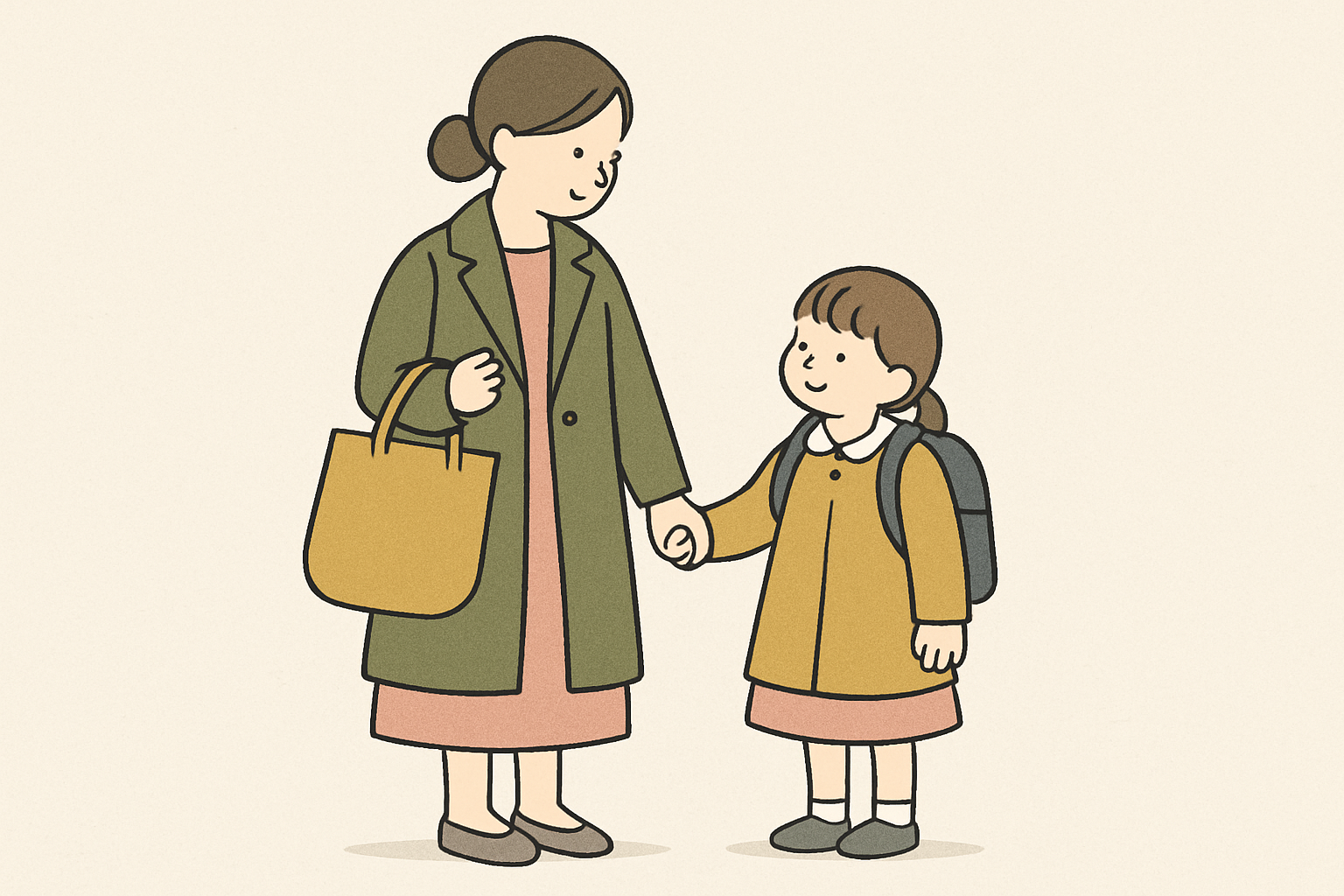 入学式の朝、春コートを羽織ったママと子どものイメージ