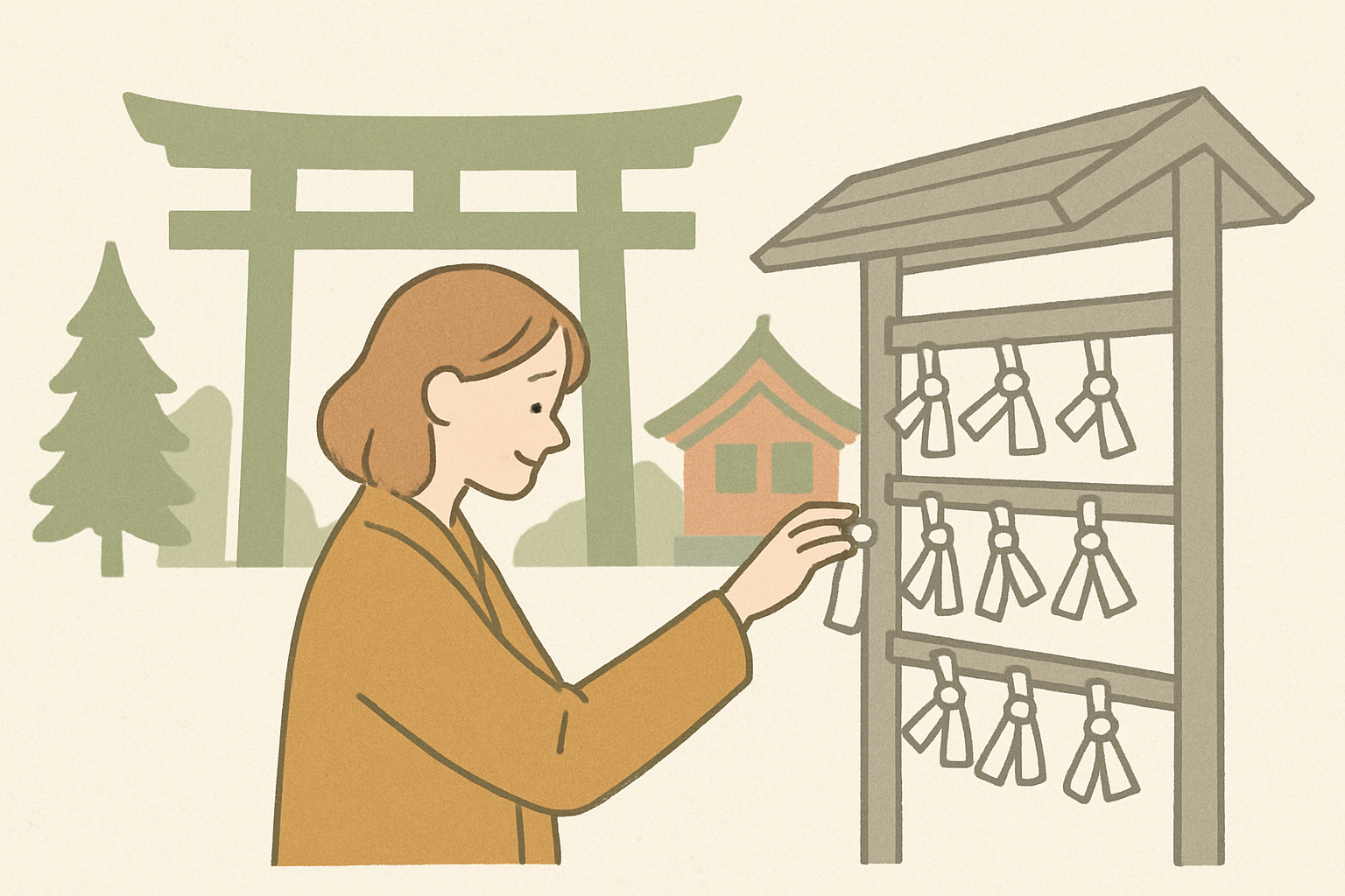 神社の境内でおみくじを引くイメージ