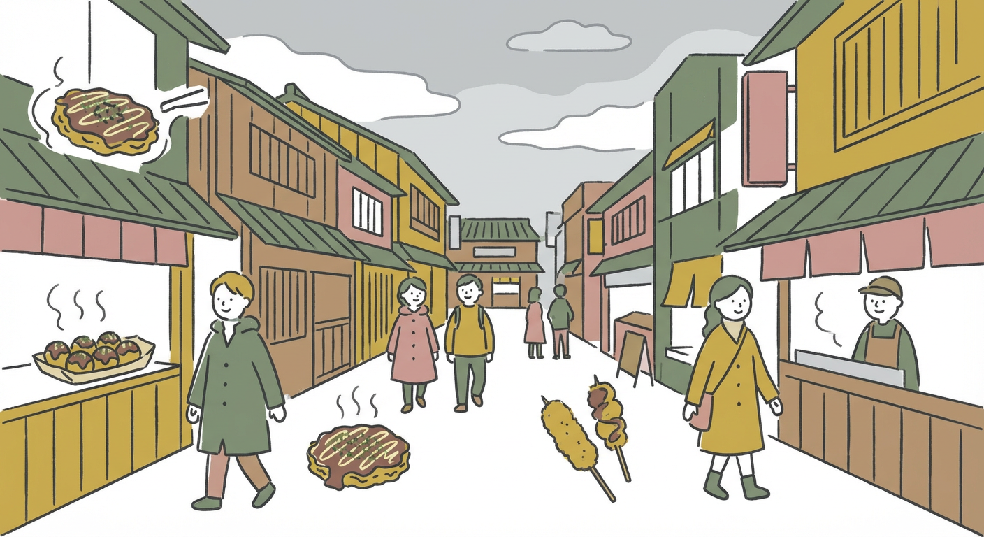 大阪のグルメと食べ歩きの街並みを表現した北欧イラスト風のメインビジュアル