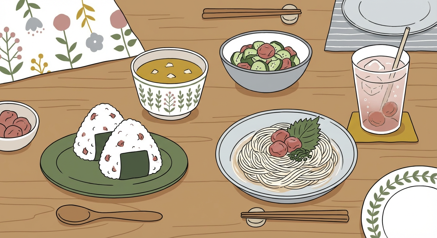 男梅ほし梅を使ったおにぎりや夏のさっぱり料理を北欧イラスト風に並べたイメージ