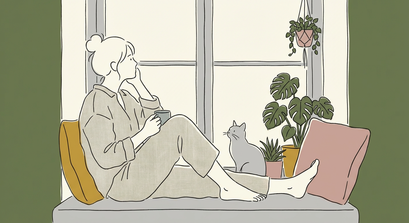 朝の窓辺で考え事をする人物のやわらかいイメージ