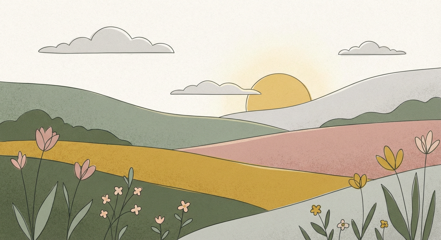 穏やかな朝焼けと小さな花のやわらかい風景