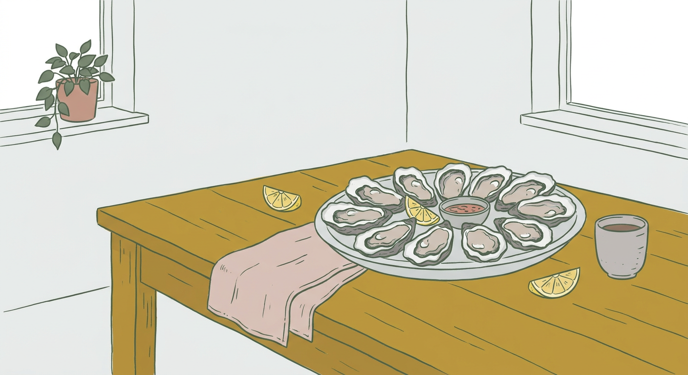 殻付きの新鮮な牡蠣が並んだ食卓のイメージ