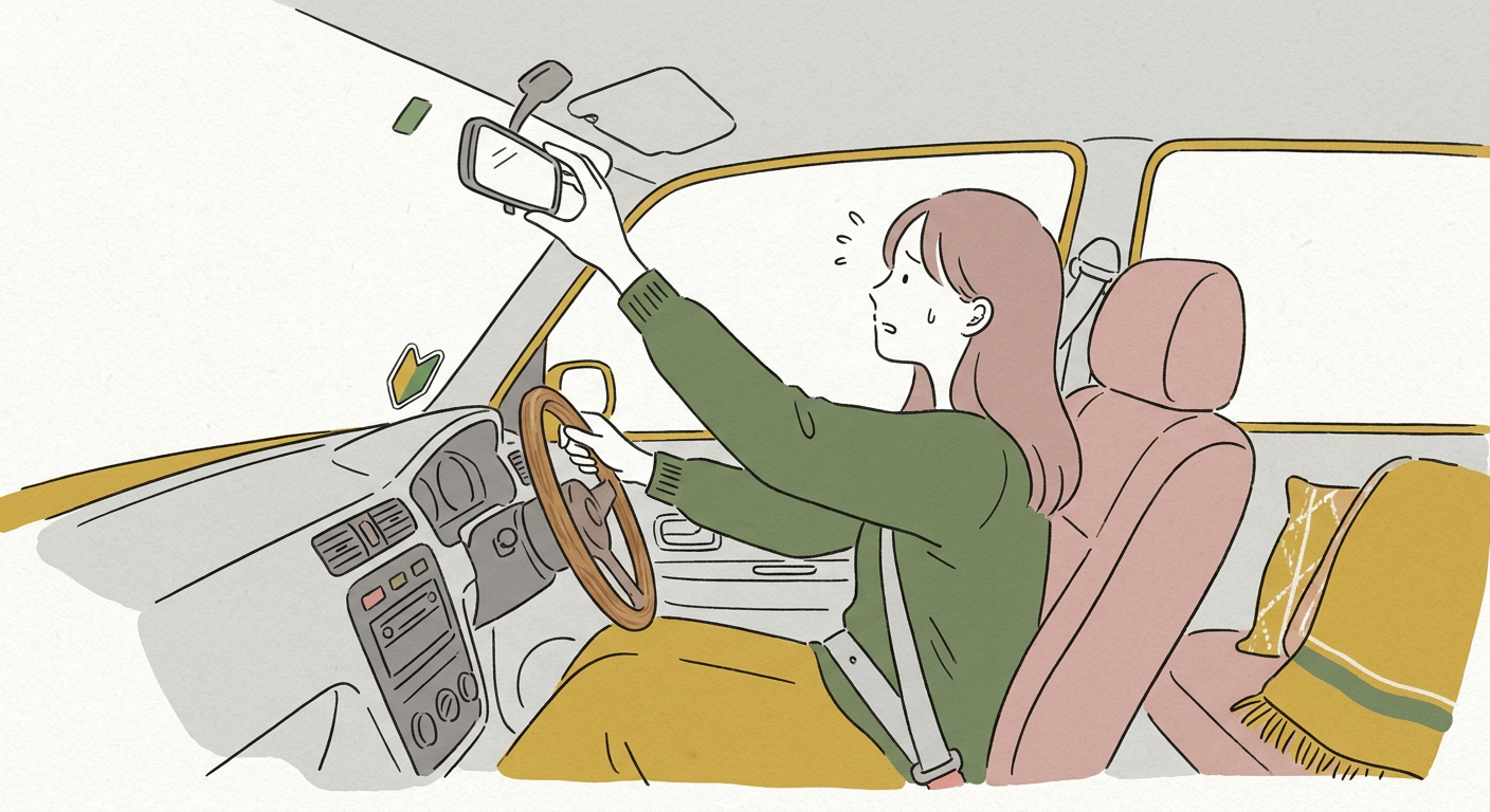運転席に座ってミラーを調整するペーパードライバー初心者の女性のイラスト