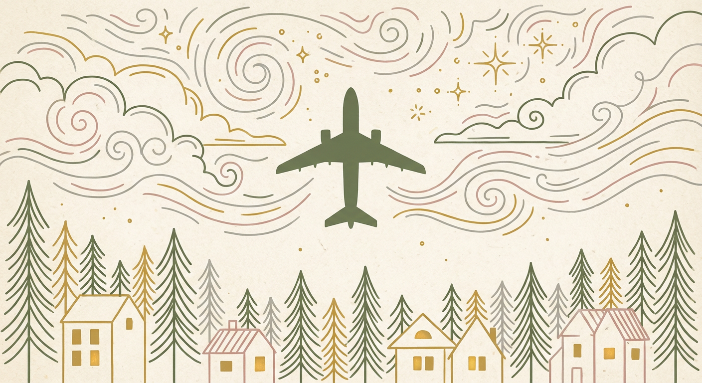 夜の空に飛行機のシルエットが浮かぶ、不安と希望が同居する幻想的なイメージ