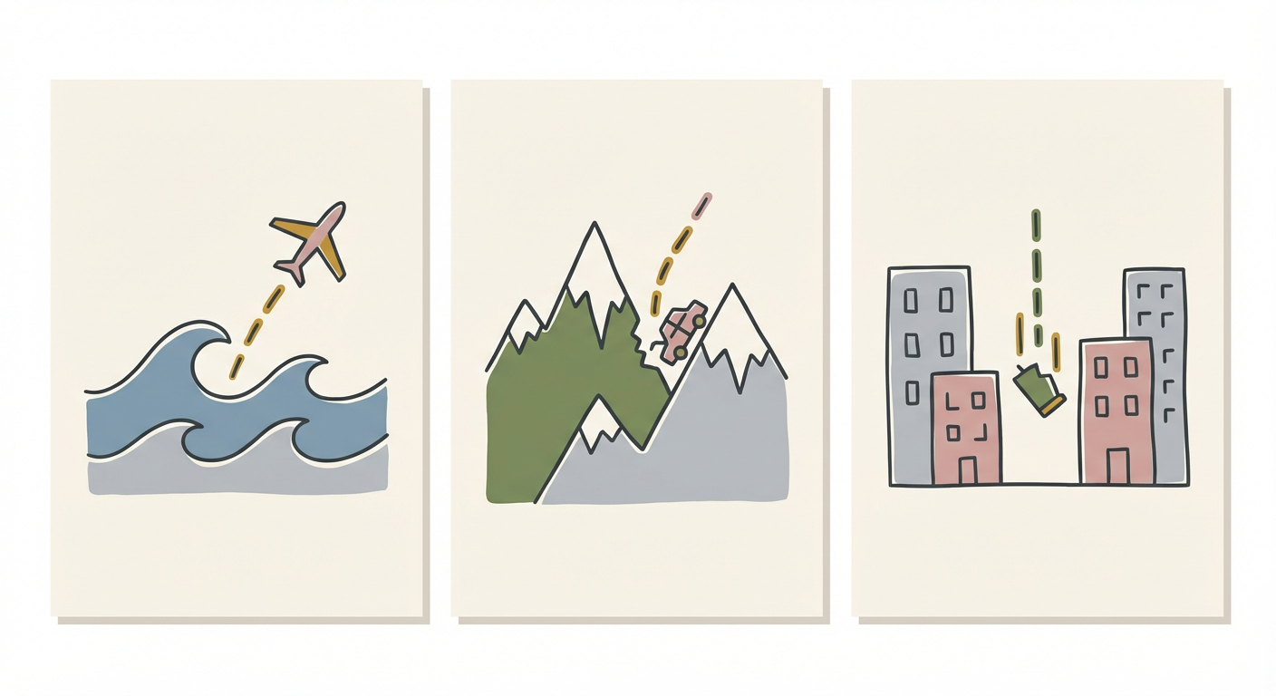 海・山・街など墜落のシーンを連想させるシンプルなイラスト