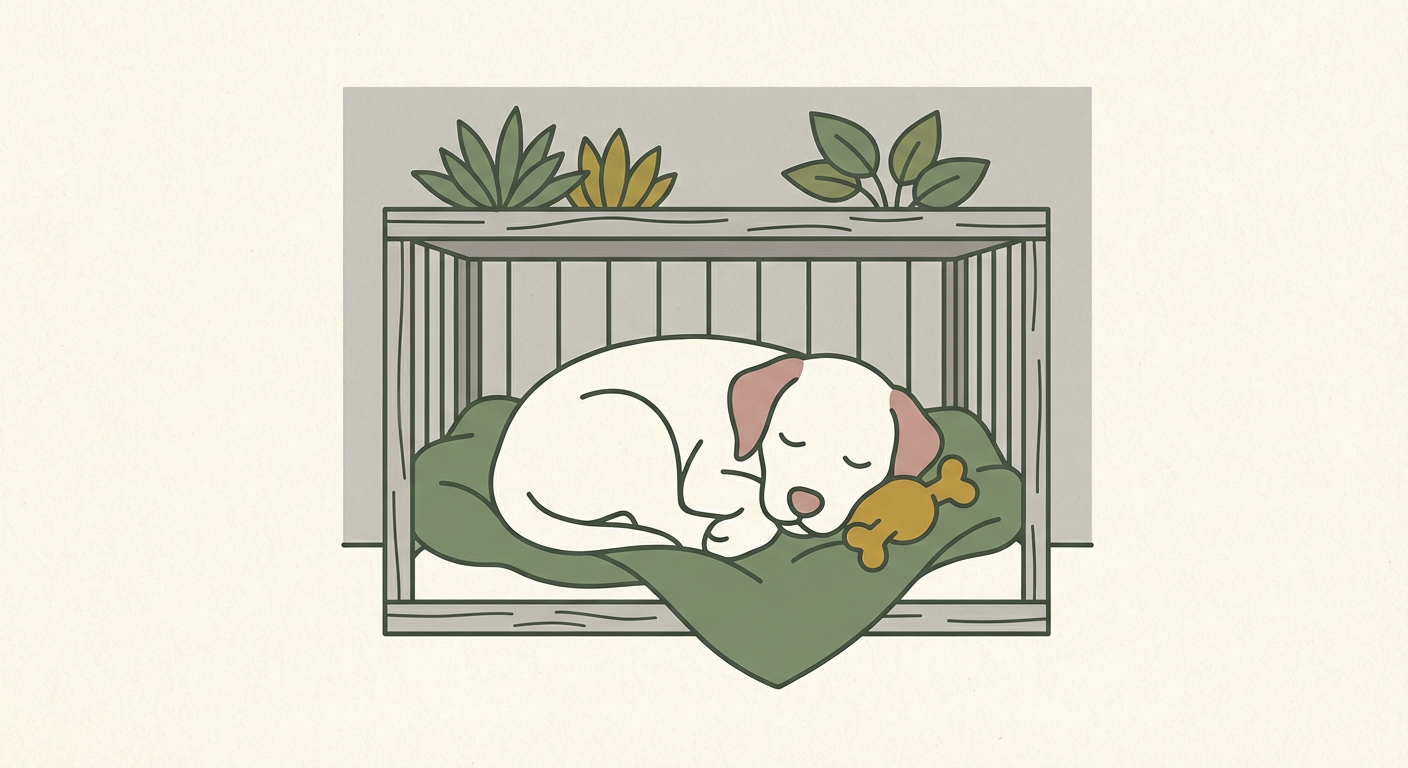 ケージの中で安心して休んでいる子犬のイメージ