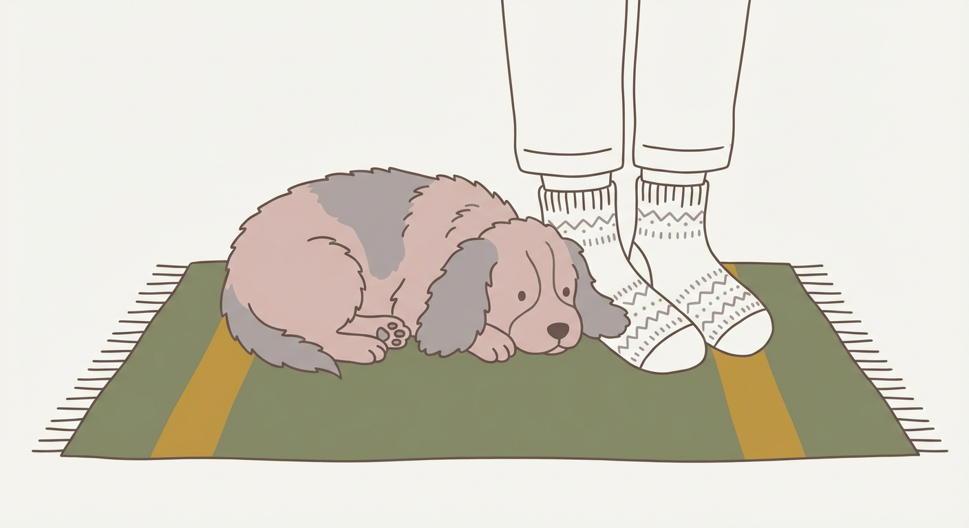 飼い主の足元で落ち着いて伏せている子犬のイメージ