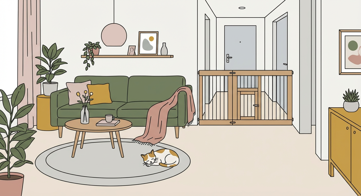 ペットゲートで区切られた安全なリビングのイメージ