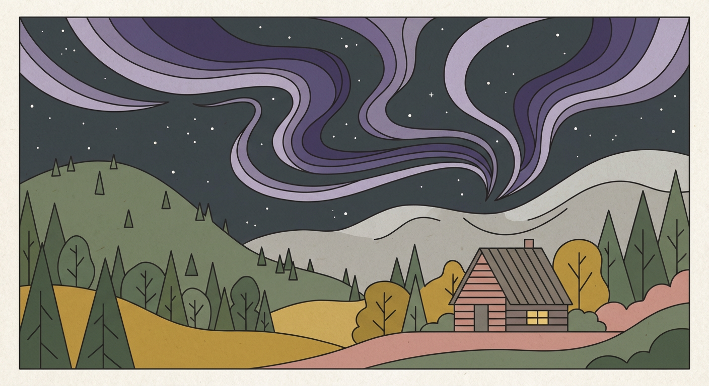 紫色の幻想的な光や夜空をイメージしたイラスト