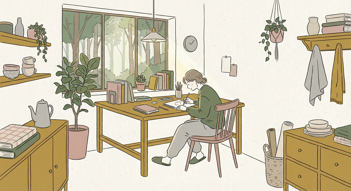 穏やかなアトリエや書斎で集中している様子のイラスト
