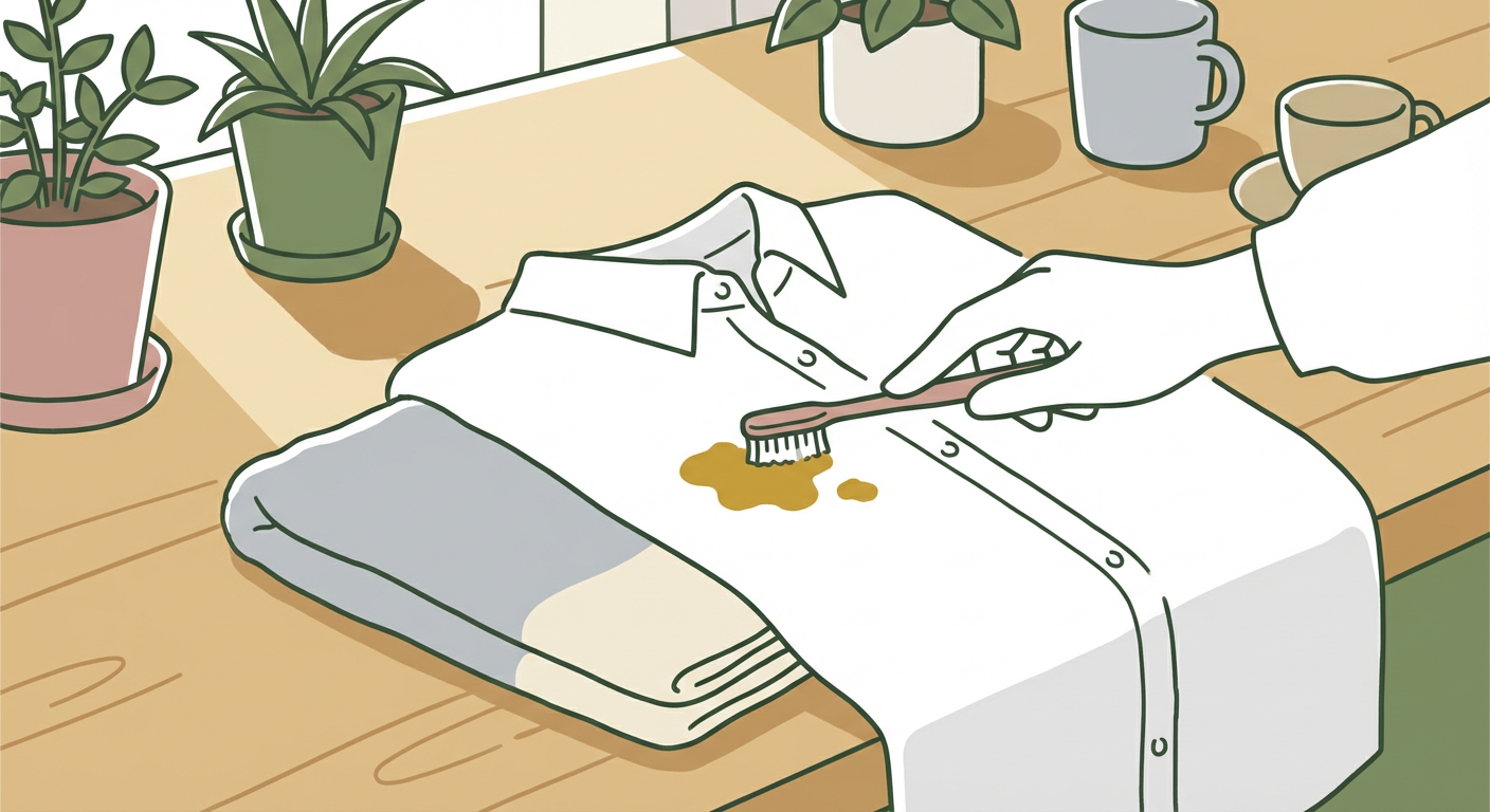 白いシャツのシミ部分の裏にタオルを敷き、歯ブラシで外側から内側に向けて叩いている様子。明るく清潔感のある北欧イラスト風