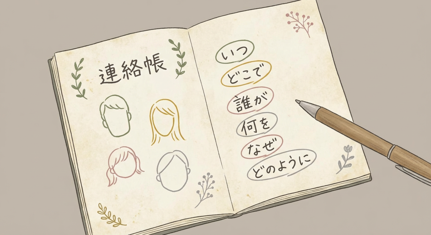 連絡帳のページに5W1Hの項目が箇条書きで並び、ペンで丸が付けられているノートのイメージ 北欧イラスト風 シンプル線画 くすみカラー