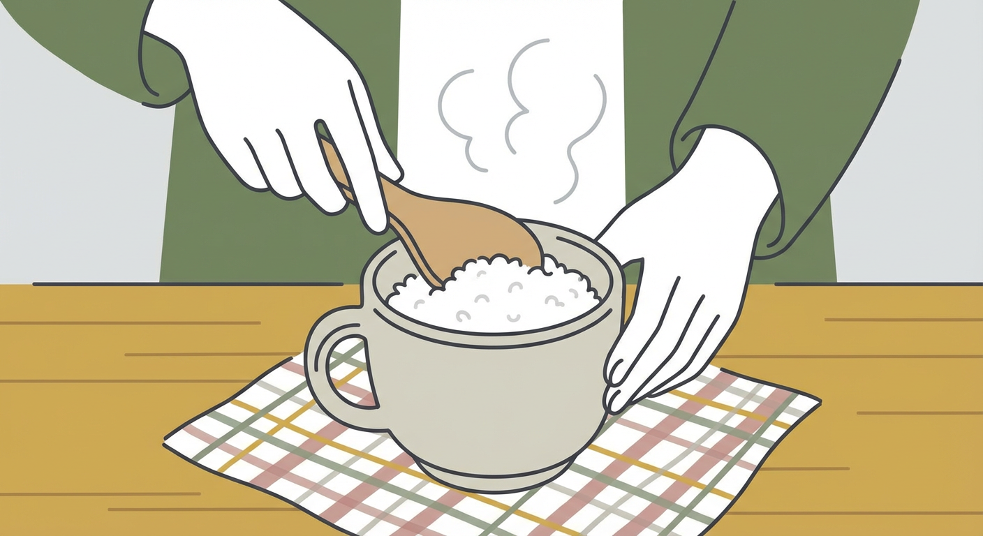 炊飯マグでご飯を炊いた後、しゃもじでほぐす様子