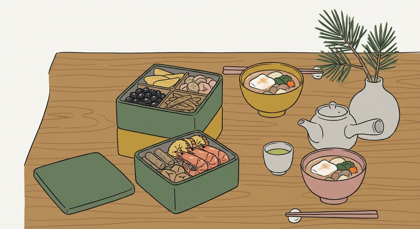 おせち料理とお雑煮が並ぶお正月の食卓