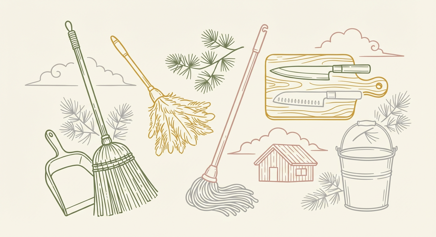 お正月のタブーのイメージ（掃除道具や包丁）