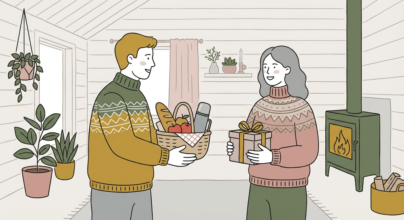 差し入れのお礼を伝えている場面のイラスト（北欧風）