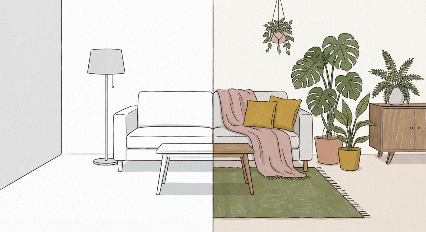 生活感のない真っ白でモノトーンな部屋と、温かみのある観葉植物やファブリックのある部屋の対比イメージ