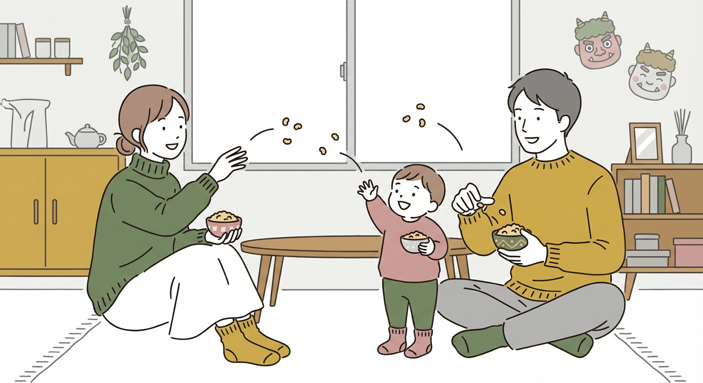 節分の日に親子で笑顔で豆まきをしている温かい家族のイメージ