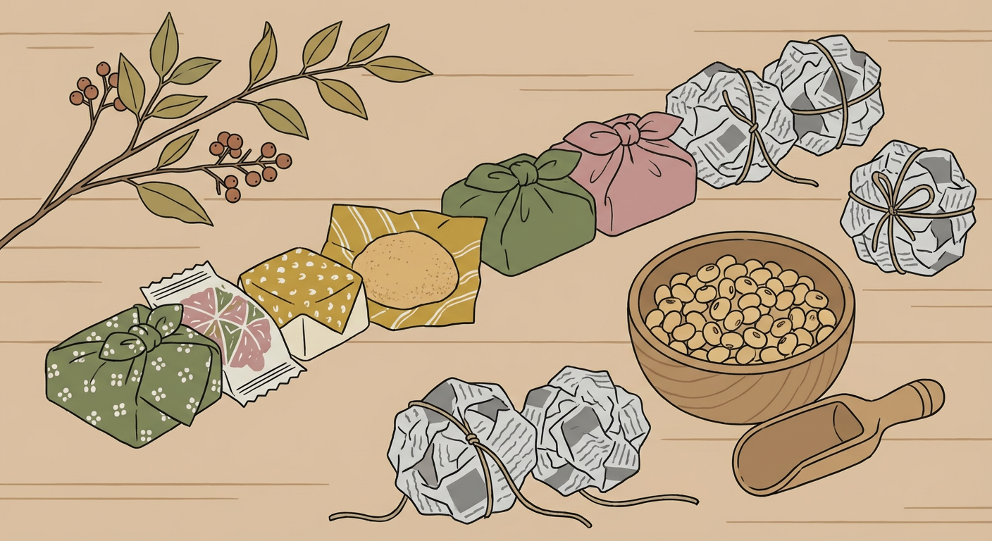 個包装のお菓子と新聞紙を丸めたボールが並んだ豆まき準備のイメージ