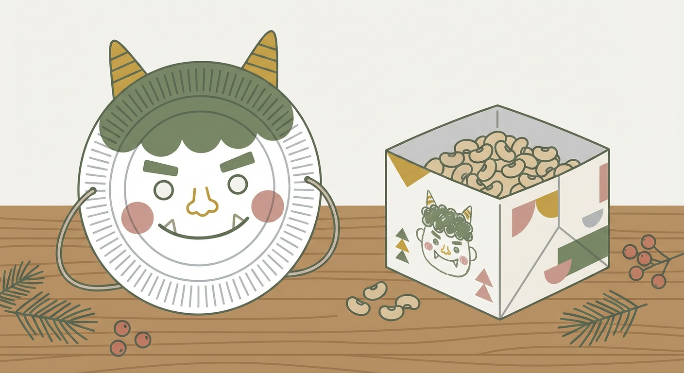 紙皿で作った手作りの鬼のお面と、子供が作った豆入れの工作のイメージ
