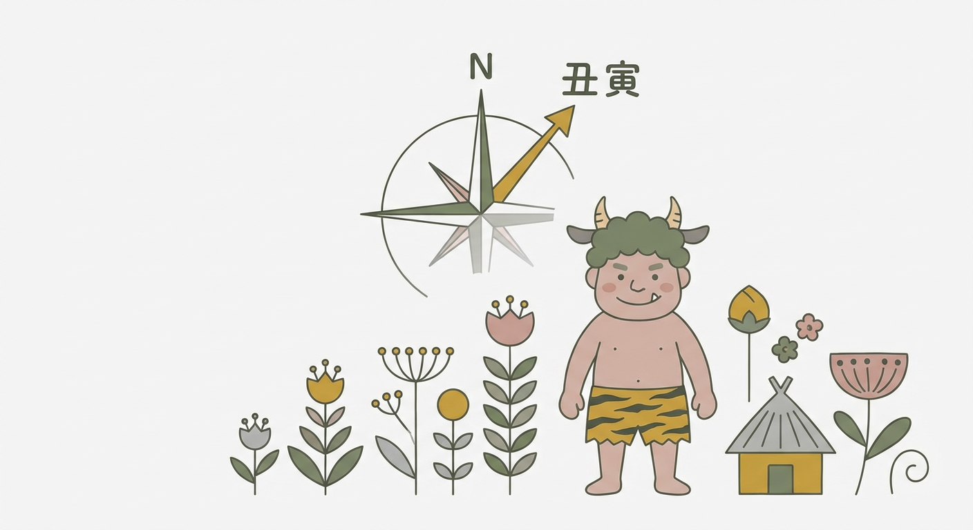 鬼門の方角（北東・丑寅）と鬼が牛の角とトラ柄パンツを身につけている様子を示すイラスト