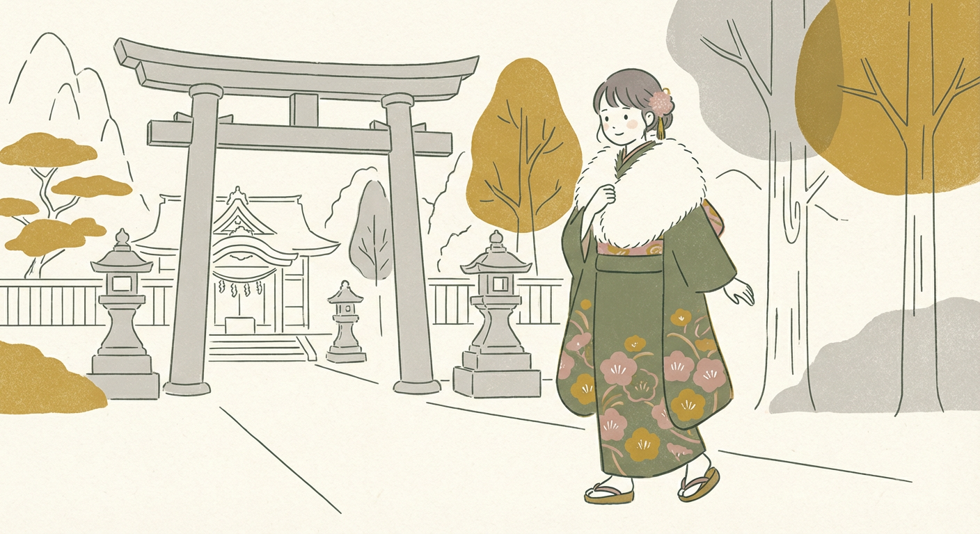 ファーショールを羽織って神社の境内を歩く七五三の女の子（北欧イラスト風）