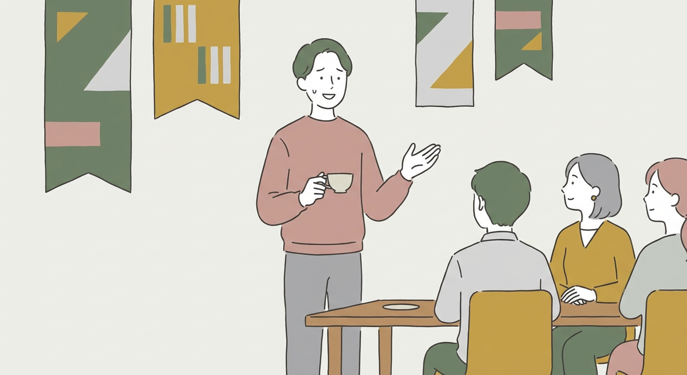 新入社員が歓迎会で挨拶をしている穏やかなイラスト