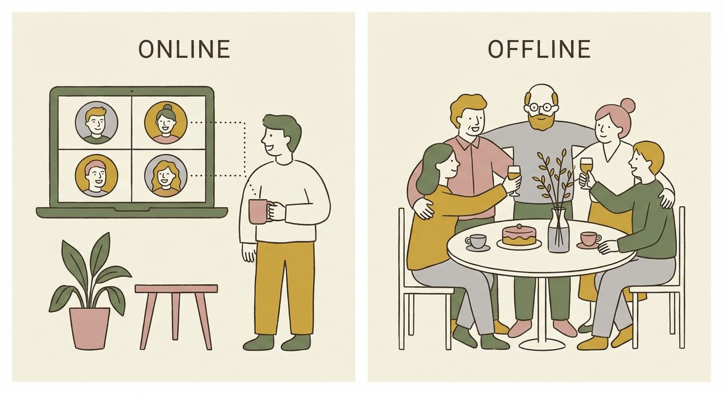 オンラインとオフラインの歓迎会シーンを対比した穏やかなイラスト