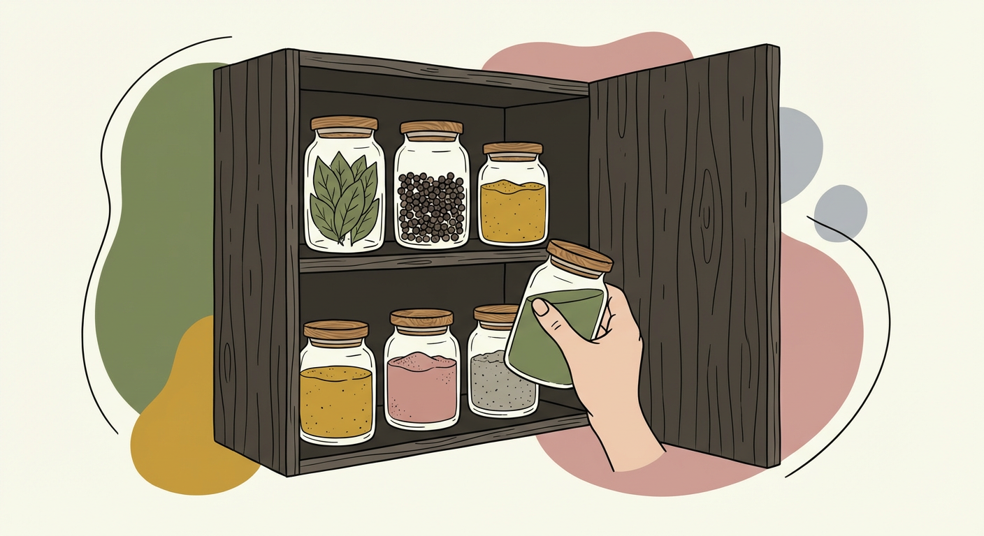 スパイスの正しい保存方法のイメージ（密封容器・暗い戸棚）