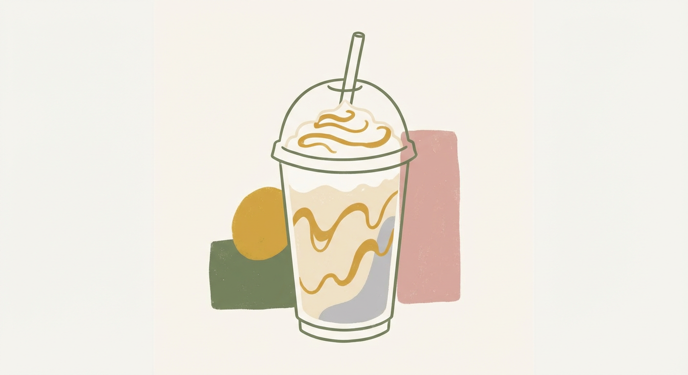 バニラクリームフラペチーノにキャラメルソースがかかったイメージ
