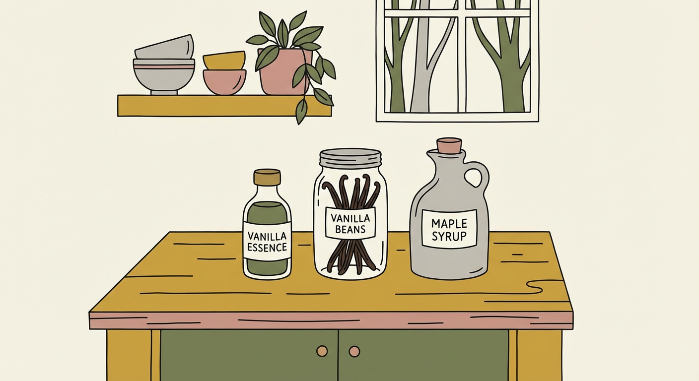 バニラエッセンスと代用品（バニラビーンズ・メープルシロップなど）が並んだキッチンのイメージ