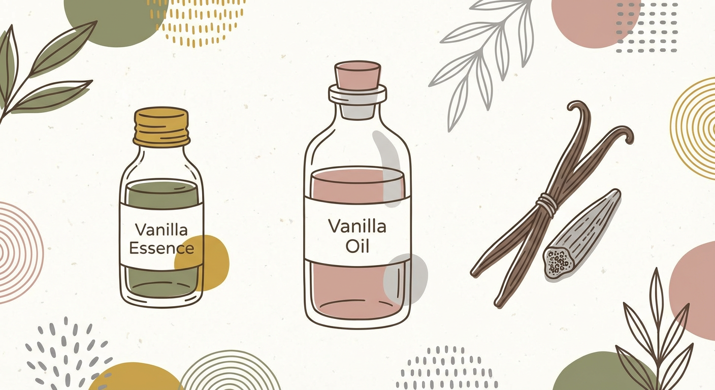 バニラエッセンス・バニラオイル・バニラビーンズの3種類を並べた比較イメージ