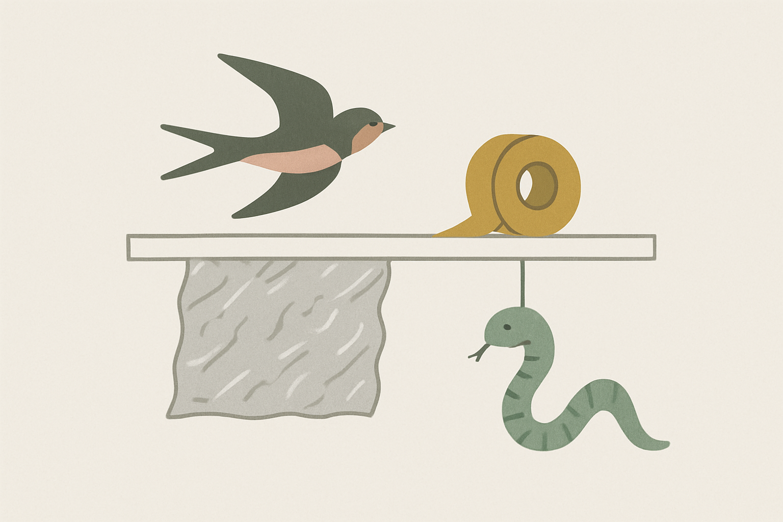 100均グッズを使ったツバメ対策のイメージイラスト（アルミホイル・テープ・ヘビのおもちゃなど）