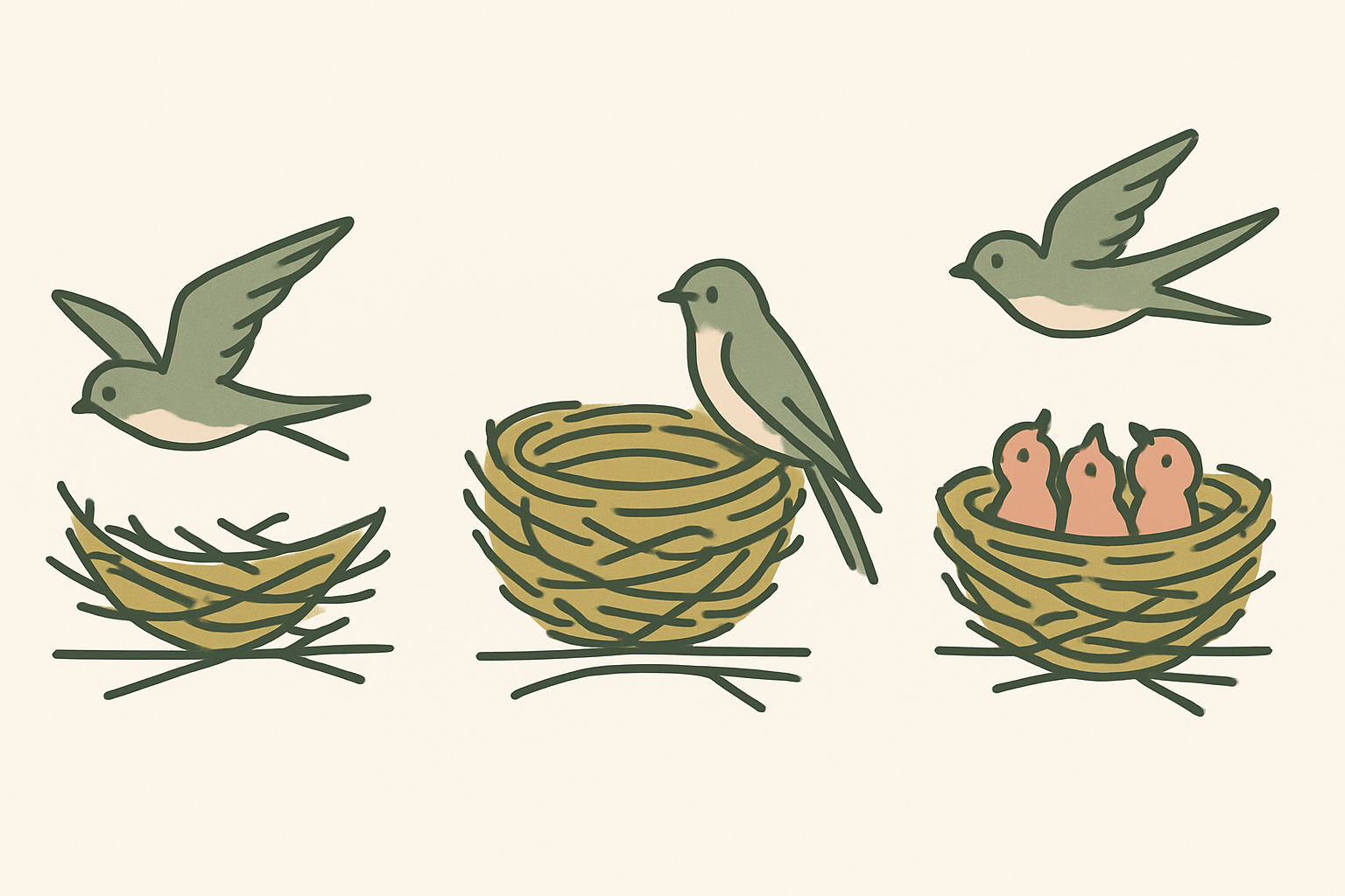ツバメの巣の段階別（巣作り初期・完成・ヒナ）のイメージイラスト