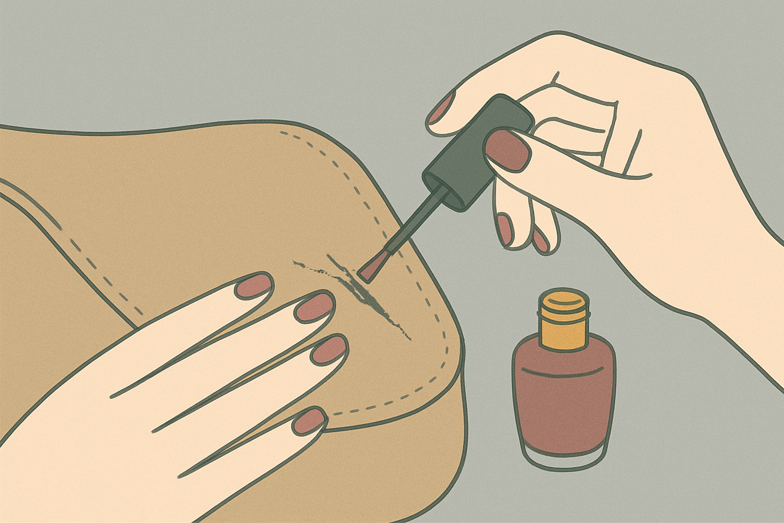 マニキュアで合皮を補修している手元のイメージ