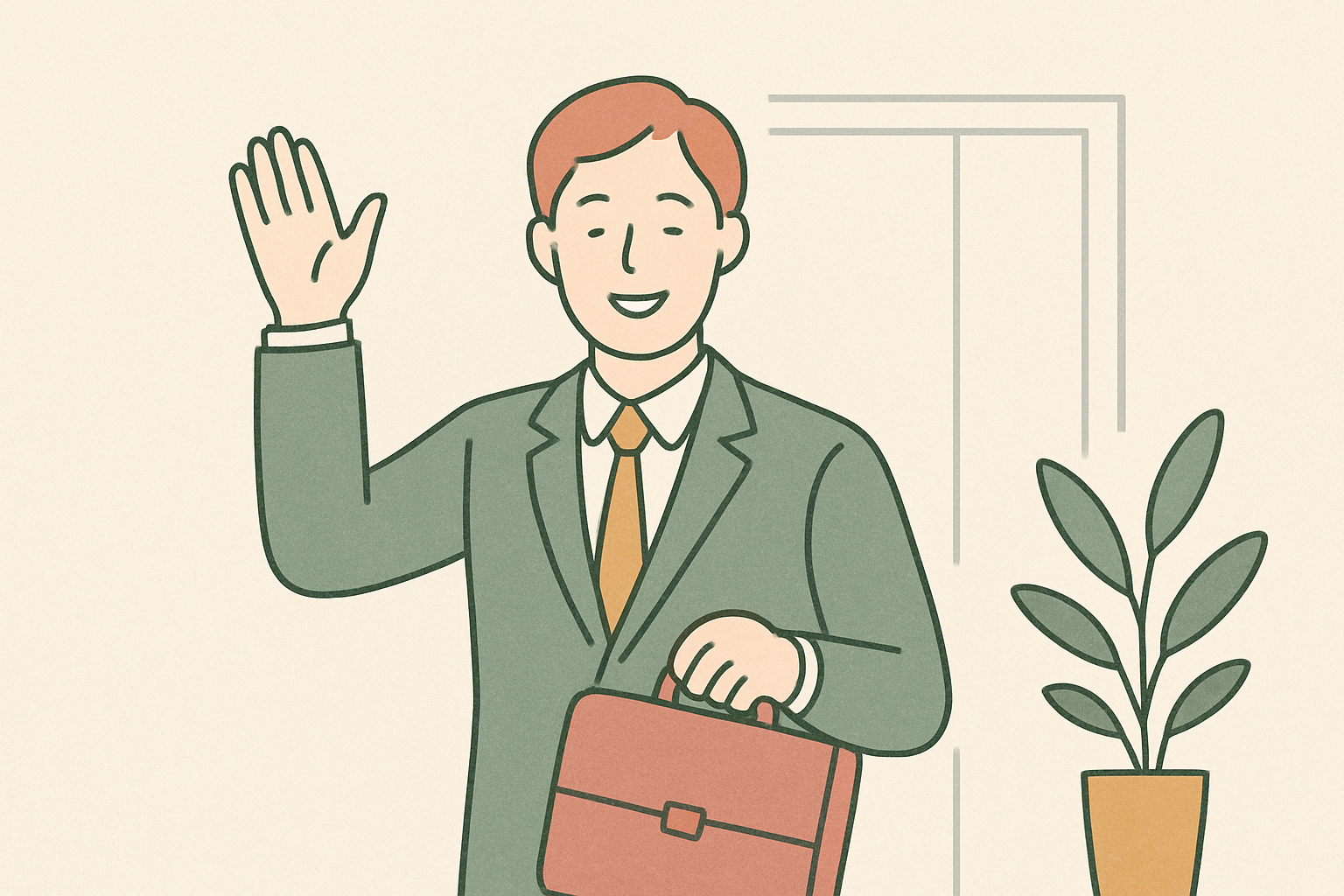 退職の最終日に笑顔で挨拶するビジネスパーソンのイメージ
