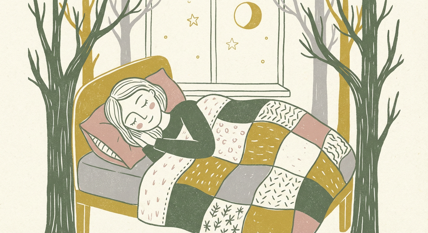 夜、目を閉じて静かに眠る女性のやわらかい北欧イラスト風画像