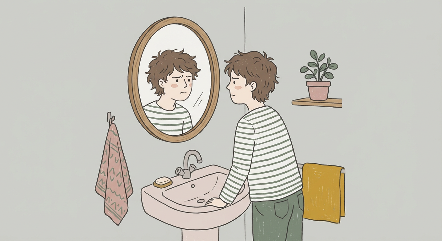 洗面所で鏡を見て戸惑う表情の人物の北欧イラスト風画像
