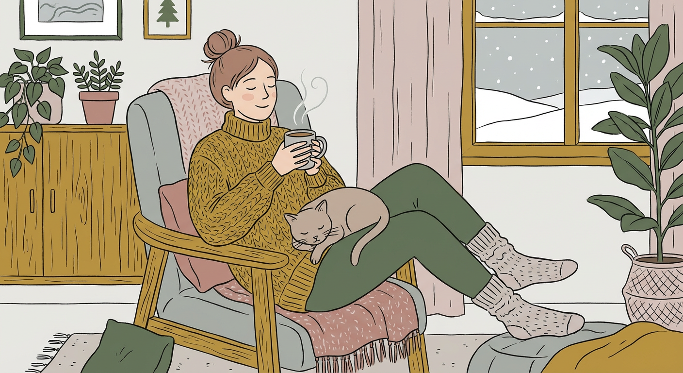 温かい飲み物を手にしてリラックスする人物の北欧イラスト風画像