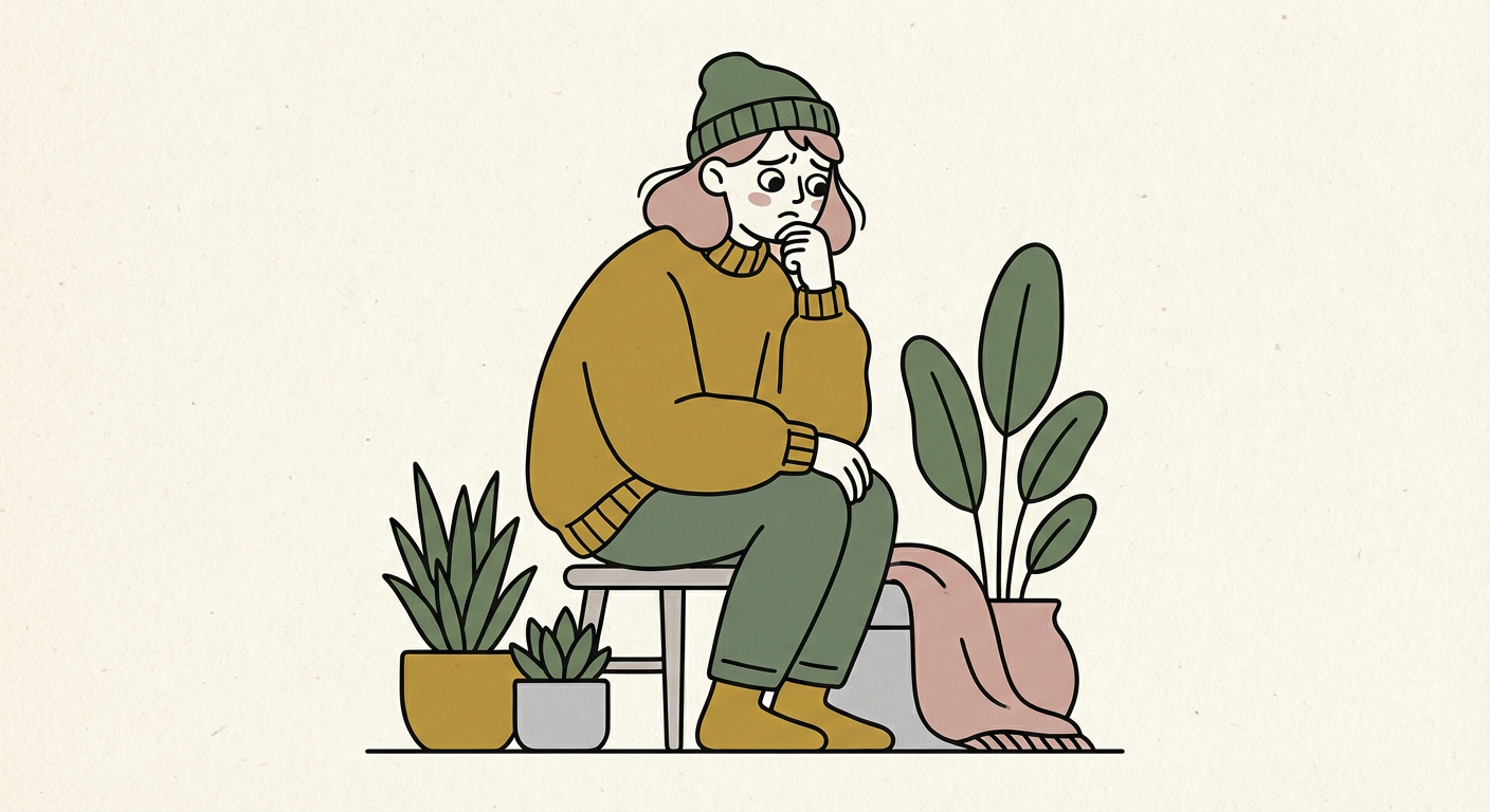 不安そうに考え込む人のイラスト（北欧イラスト風）