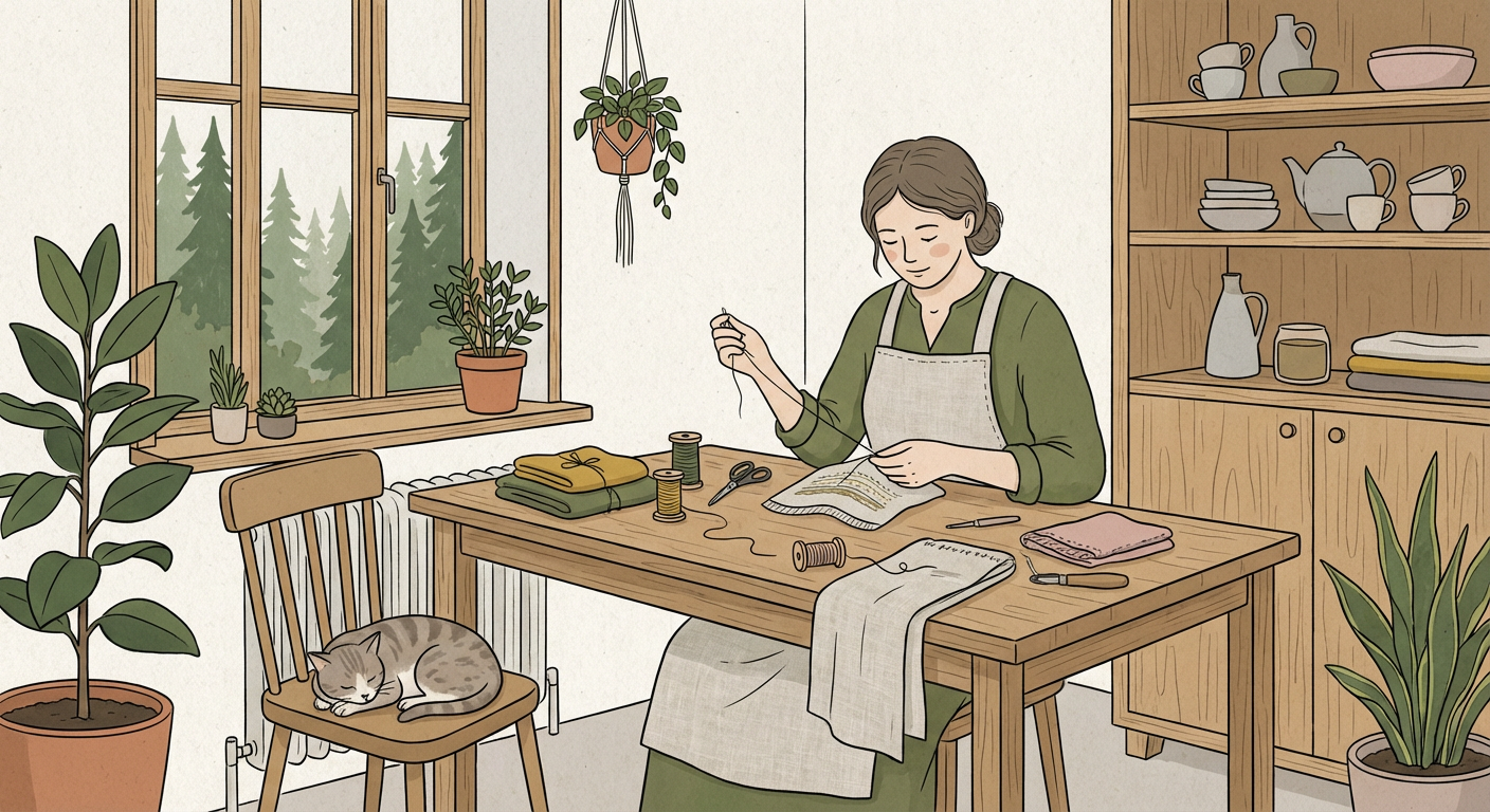 丁寧に仕事をする人のイラスト（北欧イラスト風）