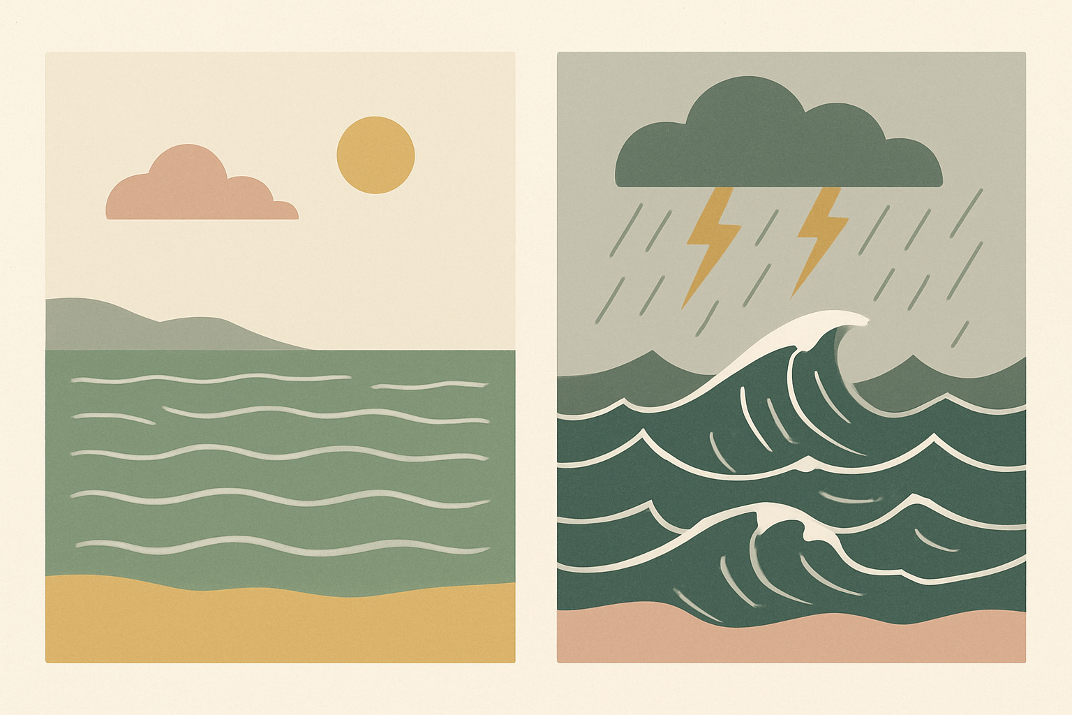 穏やかな海と荒れた海の対比イラスト