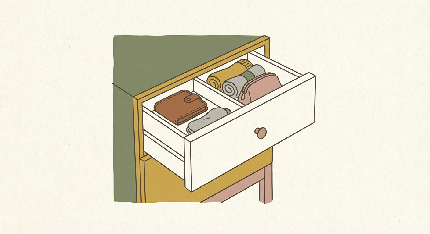 財布をタンスの引き出しに保管しているイメージイラスト