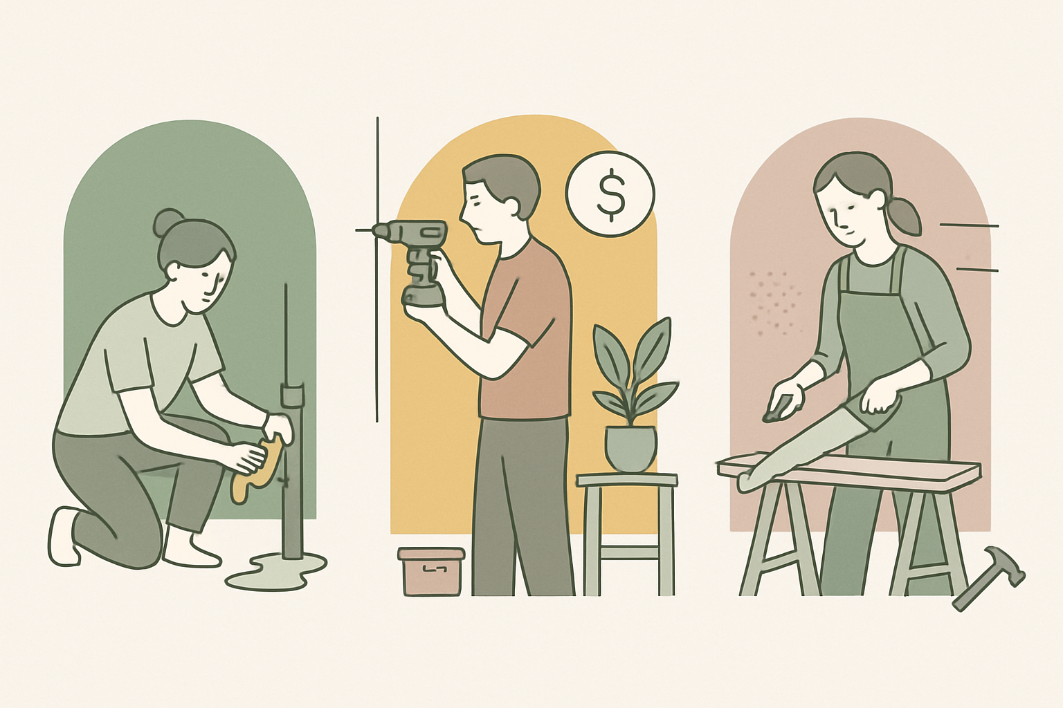 レベル別対策のイメージイラスト(0円の応急処置→数千円の投資→本格DIYの3段階)