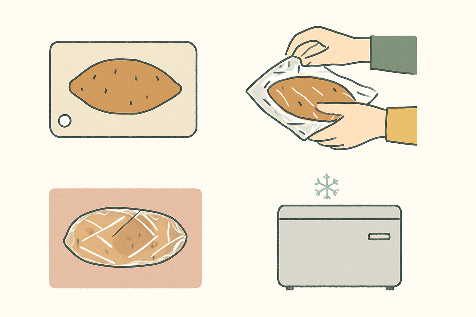 焼き芋をラップで包んで冷凍する手順のイメージ