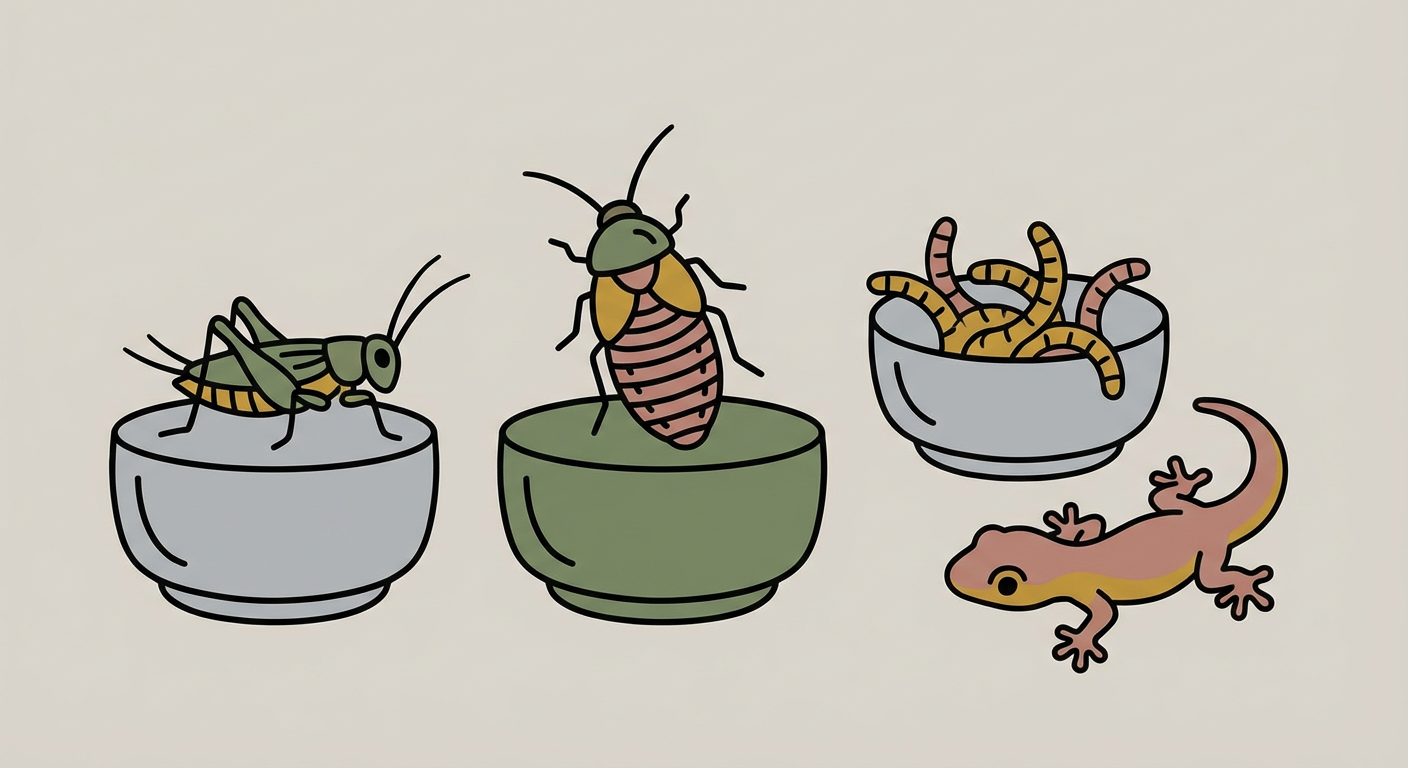 ヤモリが壁に張り付いて虫を狙っているイメージ（北欧イラスト風）