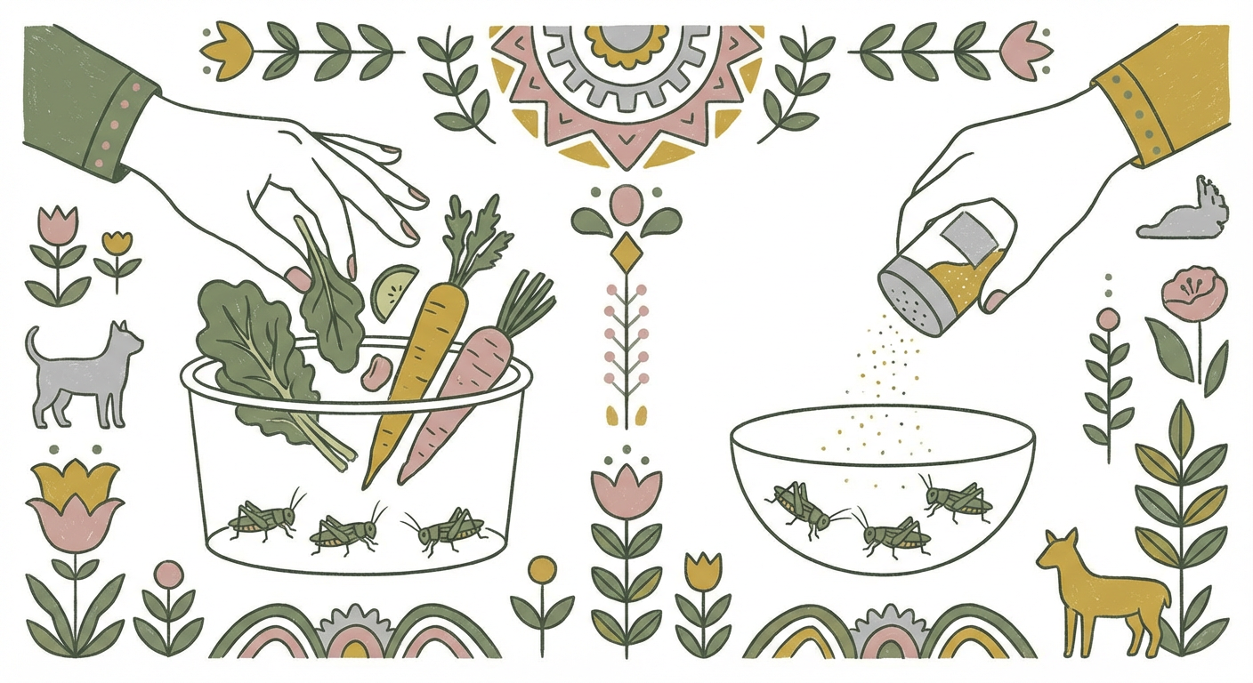 ヤモリの餌の種類比較（コオロギ・デュビア・ミルワーム・人工餌など）（北欧イラスト風）