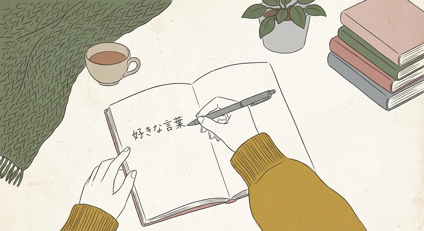 手帳に好きな言葉を書きとめている北欧イラスト風のシーン