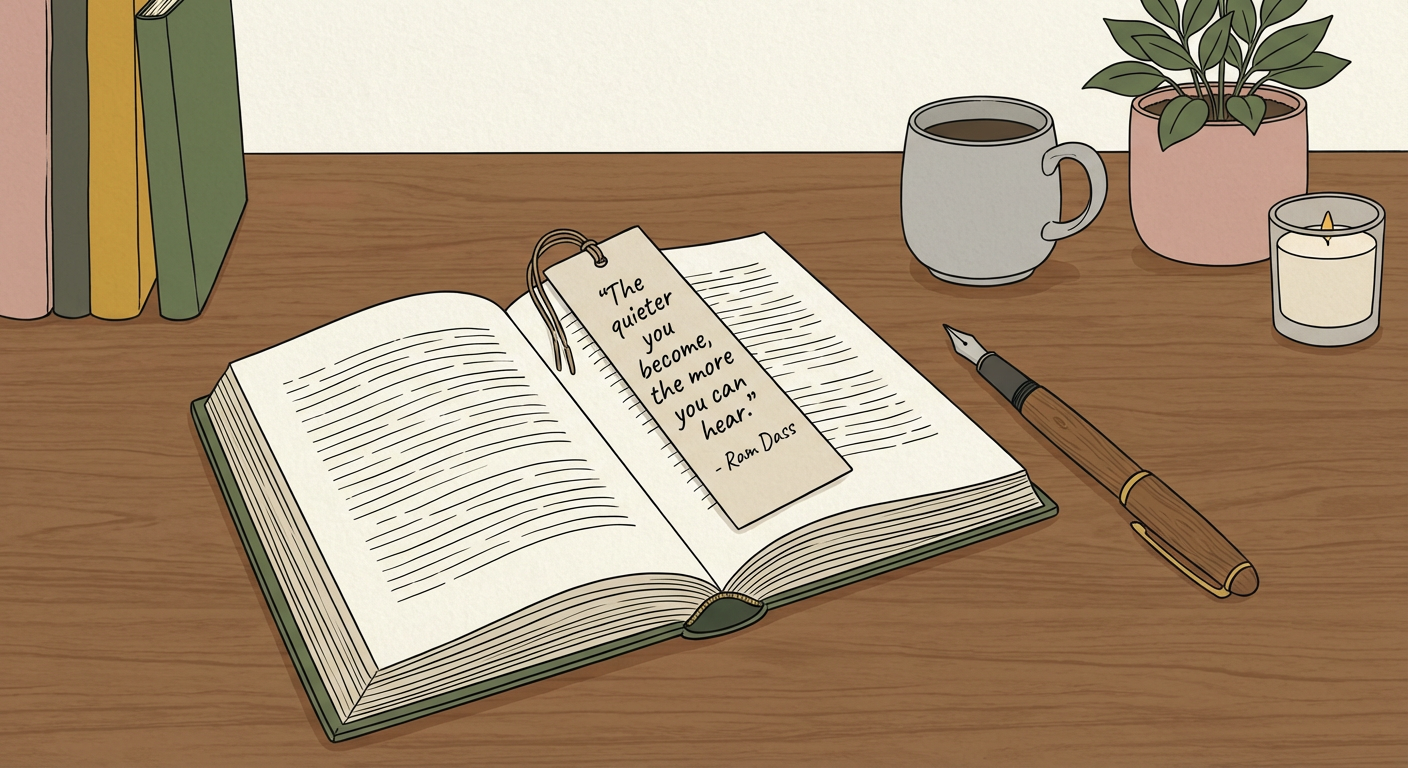 書斎の机に置かれた本と万年筆、しおりに書かれた名言の北欧イラスト